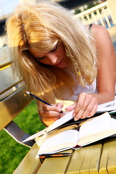 Joven Hermosa Chica Haciendo Trabajo Escolar — Foto de Stock