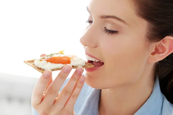 Morning Attractive Woman Delicious Breakfast — Stock Photo, Image
