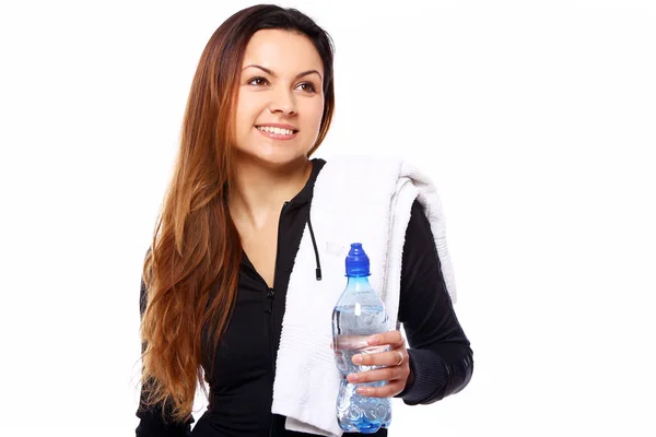 Mujer Joven Con Botella Las Manos Sobre Fondo Blanco Fotos de stock