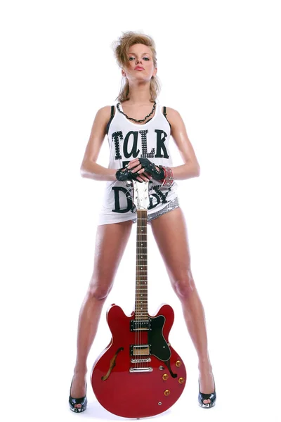 Sexy Young Girl Holding Guitar White Background Stock Photo