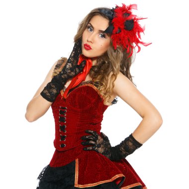 Burlesk. Beyaz arka planda sevimli, güzel bir kadın.