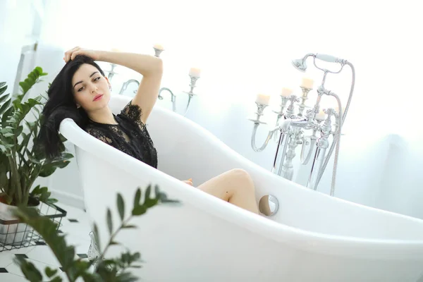 Woman Black Dress Taking Bath — Foto Stock