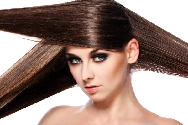 Mujer Joven Con Hermoso Cabello Sobre Suelo Bakcground Blanco — Foto de Stock