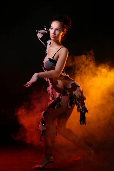 Beautiful Woman Dancing Salsa Dance Orange Smoke Background — Stock Photo, Image