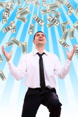 mutlu işadamı ve mavi arka plan karşı uçan Doları banknot