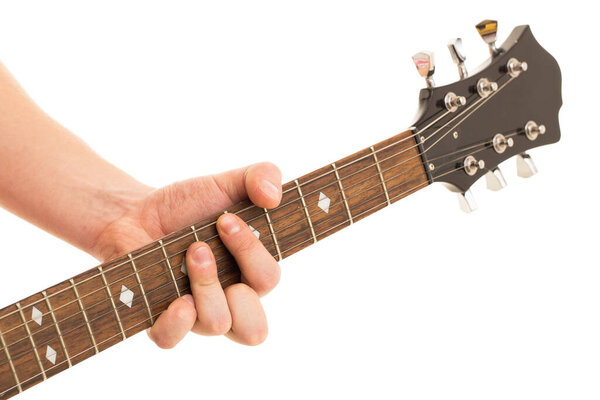 Music, close-up. Musician with electro guitar