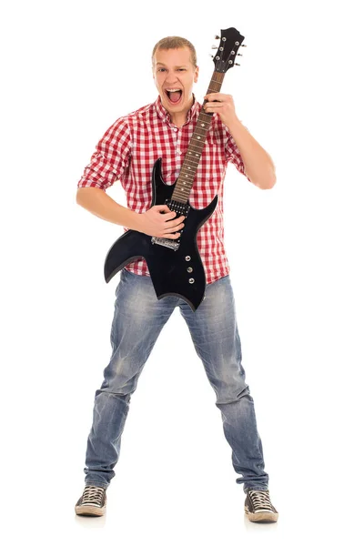 Fiatal Őrült Zenész Elektromos Gitárral — Stock Fotó