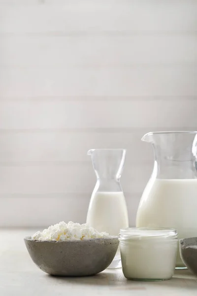 Comida Saludable Productos Lácteos Sobre Mesa —  Fotos de Stock
