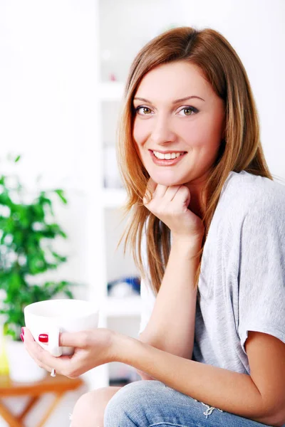 Happy Beautiful Woman Relaxing Home — Stock Photo, Image