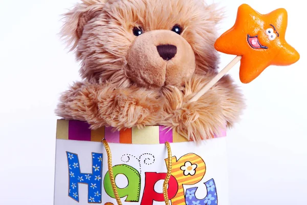 Cute Teddy Beer Met Lolly Zak Geschenk — Stockfoto