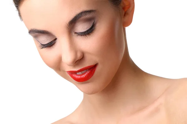 Preciosa Mujer Con Lápiz Labial Rojo — Foto de Stock