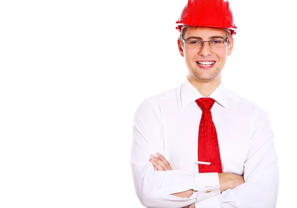 Jovem Arquiteto Sorridente Capacete Vermelho Isolado Sobre Fundo Branco — Fotografia de Stock