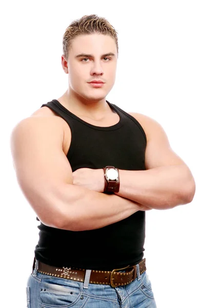 Junge Und Attraktive Bodybuilderin Posiert Auf Weißem Hintergrund — Stockfoto