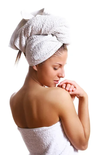 Beautiful Girl Towel Isolated White Background — Stock Photo, Image