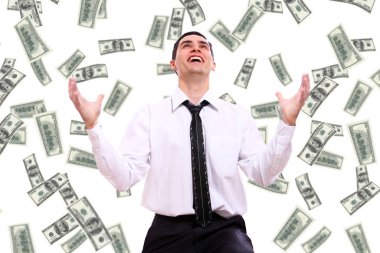 mutlu işadamı ve beyaz arka plan karşı uçan Doları banknot
