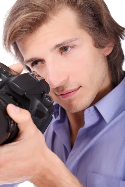 Молодой Человек Фотокамерой Белом Фоне — стоковое фото
