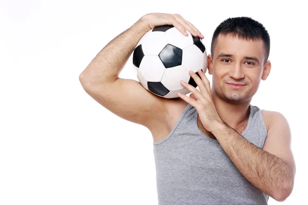 Tipo Atractivo Con Pelota Fútbol Sobre Fondo Blanco —  Fotos de Stock