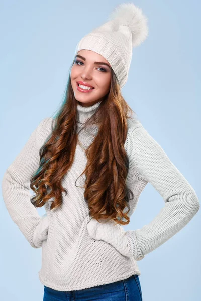 Winter Cute Girl Blue Background — Stock Photo, Image