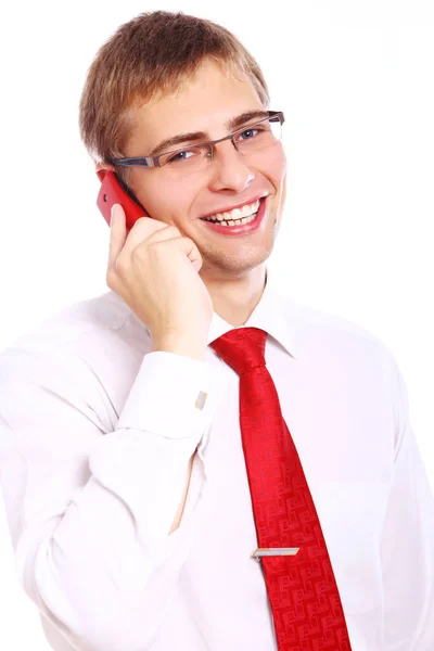 Joven Exitoso Hombre Negocios Con Sonrisa Utiliza Teléfono Celular — Foto de Stock