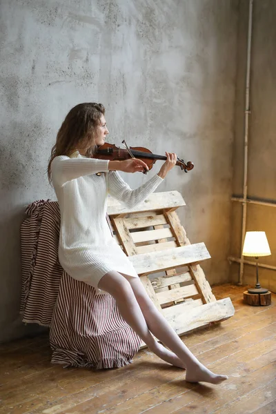 Músicos Menina Bonita Com Violino — Fotografia de Stock