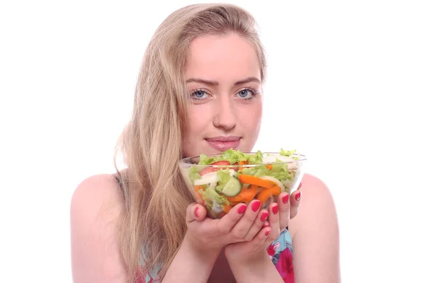 Mujer Feliz Con Tazón Ensalada Fresca Sobre Fondo Blanco — Foto de Stock