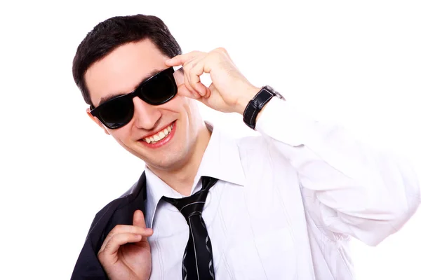 Młody Atrakcyjny Biznesmen Białym Tle Okulary Przeciwsłoneczne — Zdjęcie stockowe