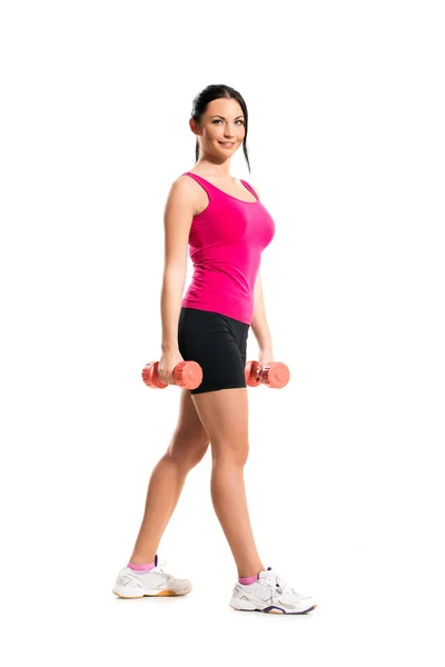 Linda Morena Durante Exercício Fitness Com Haltere Imagem De Stock