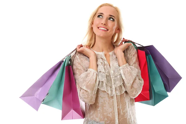 Genç Beyaz Bir Kadın Ellerinde Renkli Alışveriş Torbaları Tutuyor — Stok fotoğraf