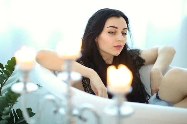 Woman Black Dress Taking Bath — Foto Stock