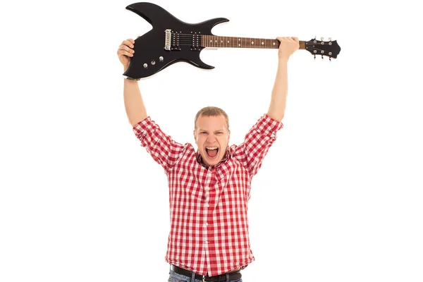 Jonge Gekke Muzikant Met Elektrische Gitaar — Stockfoto