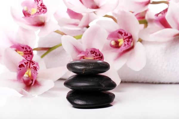 Wellness Steine Und Schöne Orchidee Auf Weißem Hintergrund — Stockfoto