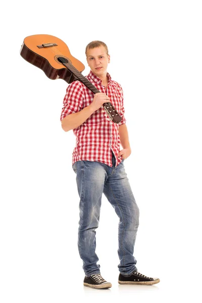 Jovem Músico Com Guitarra Madeira — Fotografia de Stock