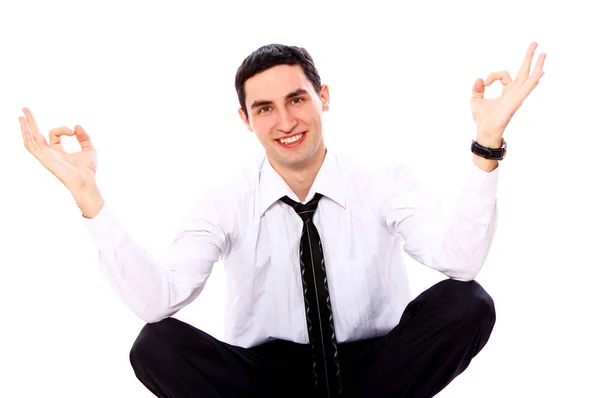 Lachende Zakenman Yoga Pose Weergegeven Teken Geïsoleerd Wit — Stockfoto
