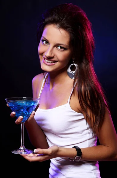 Jeune Belle Femme Avec Cocktail Bleu Dans Boîte Nuit — Photo