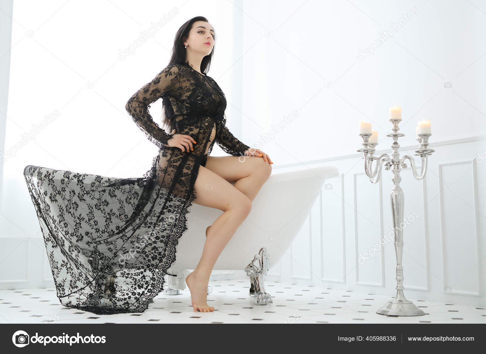 Bathroom Beautiful Woman Black Transparent Dress Stock Photo by  ©racool_studio 405988336