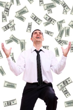 mutlu işadamı ve beyaz arka plan karşı uçan Doları banknot