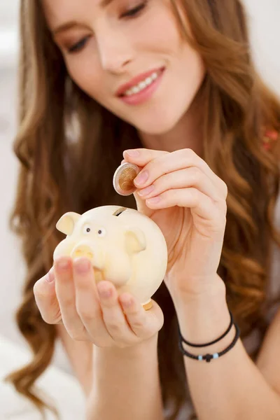 Cute Beautiful Woman Moneybox — Stock Photo, Image