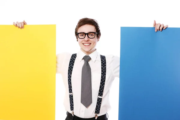 Elegante Uomo Affari Con Cartelloni Pubblicitari Colorati Sfondo Bianco — Foto Stock