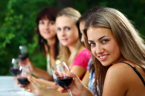 自然の中でワインを飲む美しい女性のグループ ストック画像