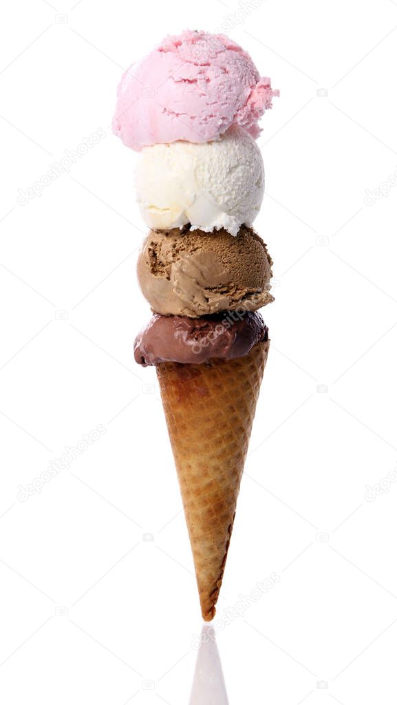 Waffle cone with four scoops of ice cream isolated on white