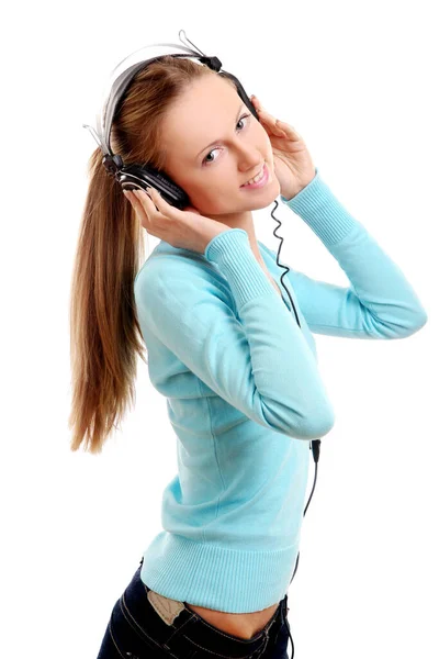 Gelukkig Glimlachen Jong Meisje Luister Muziek — Stockfoto