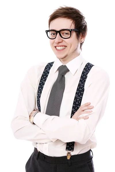 Boldog Üzletember Szemüvegben Több Mint Fehér Háttér — Stock Fotó