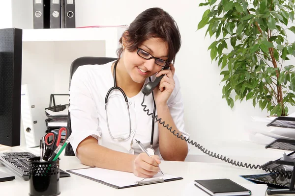 Young Woman Doctor Talking Phone Her Office — Stock Photo, Image