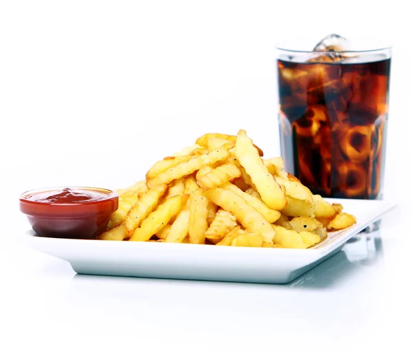 Potato Fry Ketchup Fresh Cola Drink White Background — Stock Photo, Image