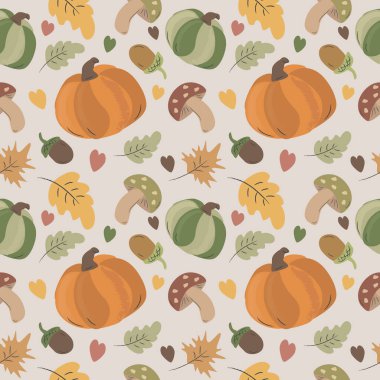  Sonbahar temalı kusursuz bir desen. Kabak, kahve ve yapraklarla.