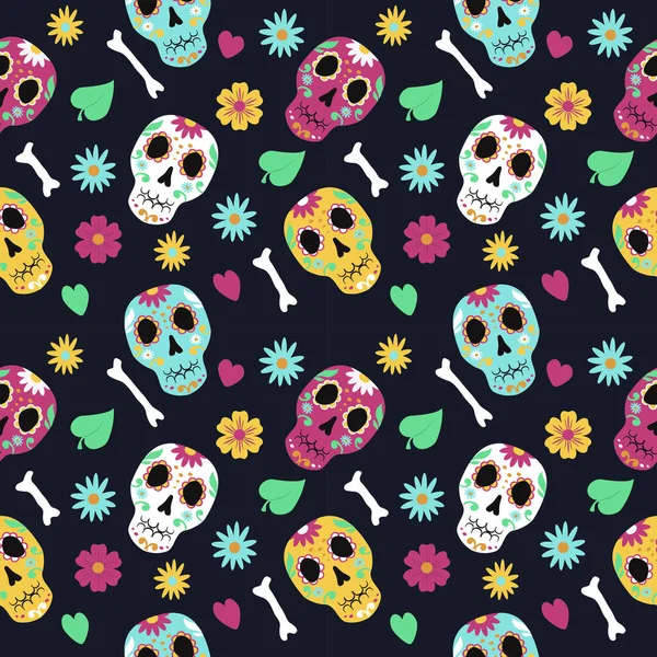 主题为 墨西哥假日圣塔 的无缝图案 头颅和花朵色彩斑斓 — 图库矢量图片