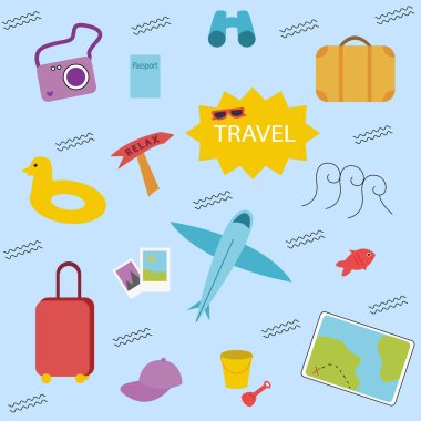 Seyahat ayarlandı. Yaz tatili. Yaz için kalpler. Vektör grafiği..