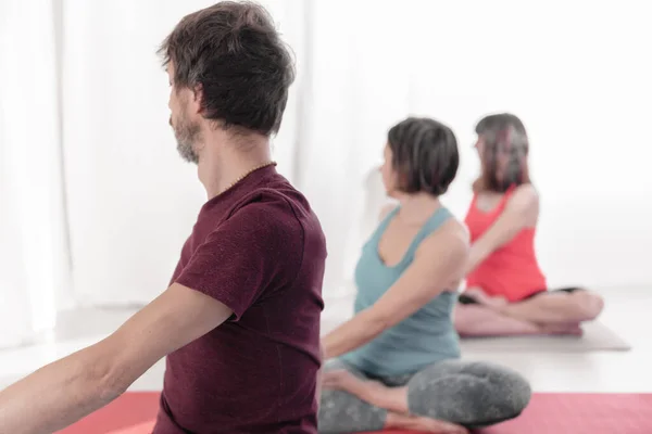 Yoga teachers in the lotus position - Padmasana, performing yoga in the twisting position. Group of people practicing Yoga.