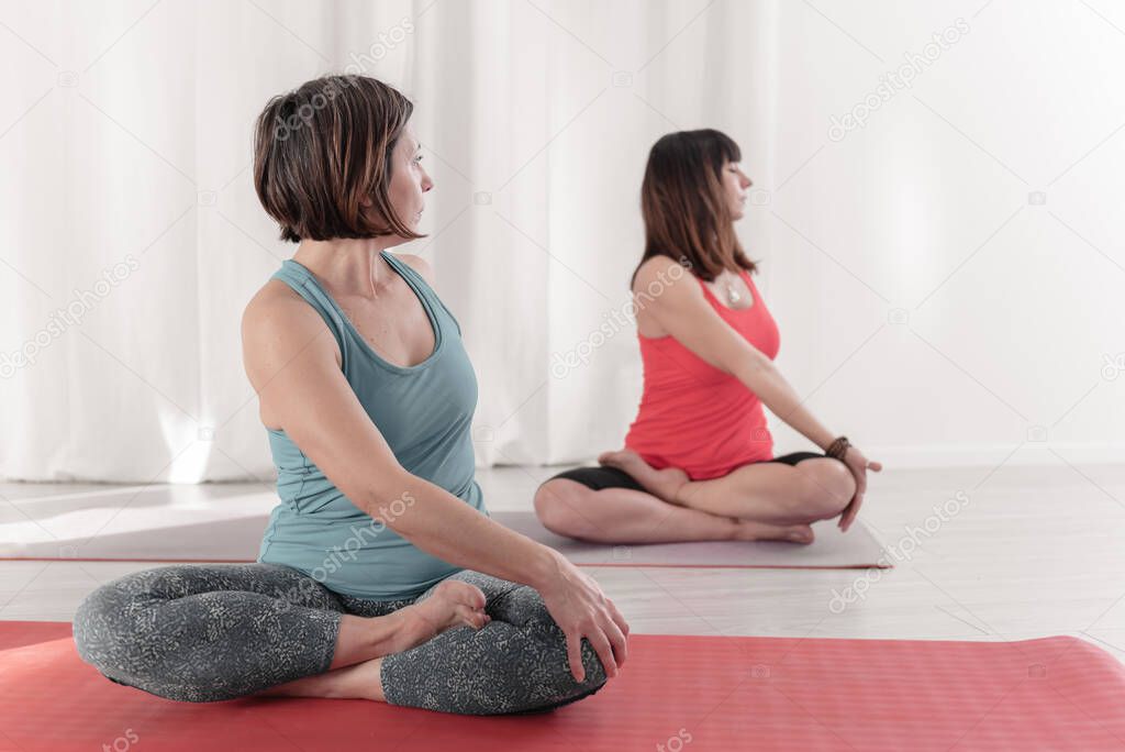 Yoga teachers in the lotus position - Padmasana, performing yoga in the twisting position. Group of people practicing Yoga.