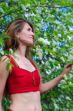 Çiçek açan kiraz ağacının yanında genç bir kadın..